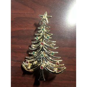 Tancer II Christmas Tree Brooch Pin Colored Rhinestones Designer Marked 2.5 in.